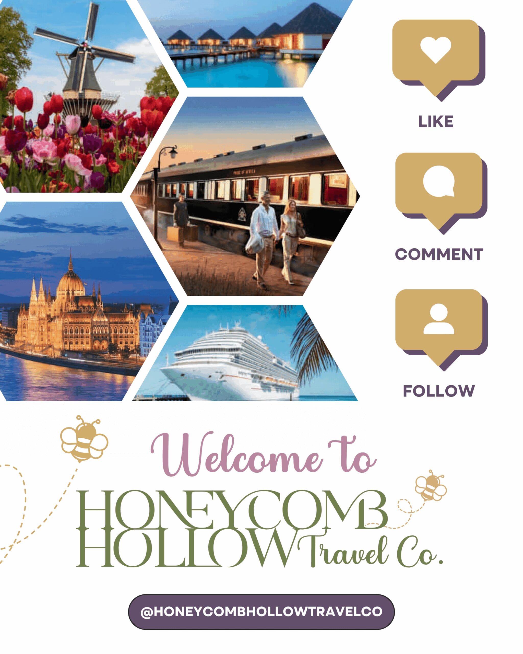 Collage of six hexagon-shaped travel images featuring a tulip field with a windmill, overwater bungalows, a luxury train with a couple walking, the Budapest Parliament building at sunset, and a white cruise ship framed by palm fronds. To the right are gold and purple icons encouraging users to “Like,” “Comment,” and “Follow.” The bottom of the image reads: “Welcome to Honeycomb Hollow Travel Co.” with a whimsical bee trail and the Instagram handle @honeycombhollowtravelco in a purple capsule.