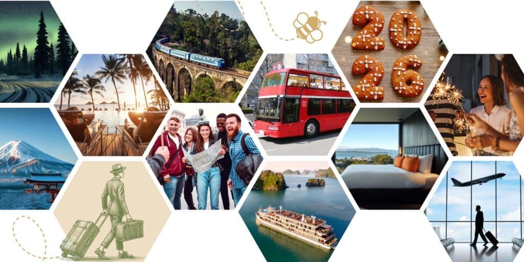 Travel inspiration collage featuring beach resorts, scenic train journeys, city sightseeing, cruise travel, cozy hotels, winter landscapes, and celebratory moments representing diverse vacation experiences.