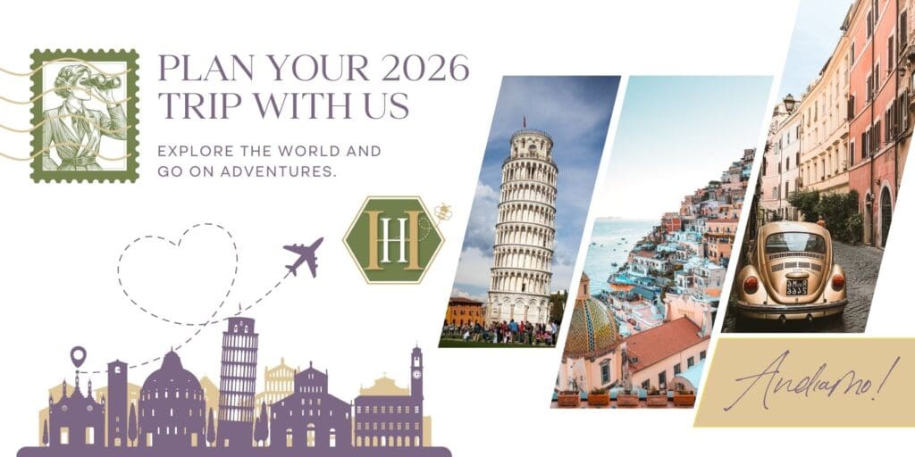 Travel planning banner reading “Plan Your 2026 Trip With Us,” featuring Italy destinations including the Leaning Tower of Pisa, colorful coastal towns, and a vintage car on a European street, with travel icons and illustrated landmarks.