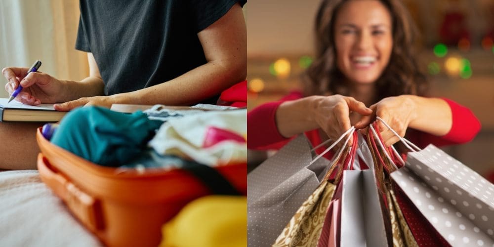 Traveler packing an open suitcase and writing a travel checklist, alongside a woman holding shopping bags to represent organized and stress-free holiday travel.