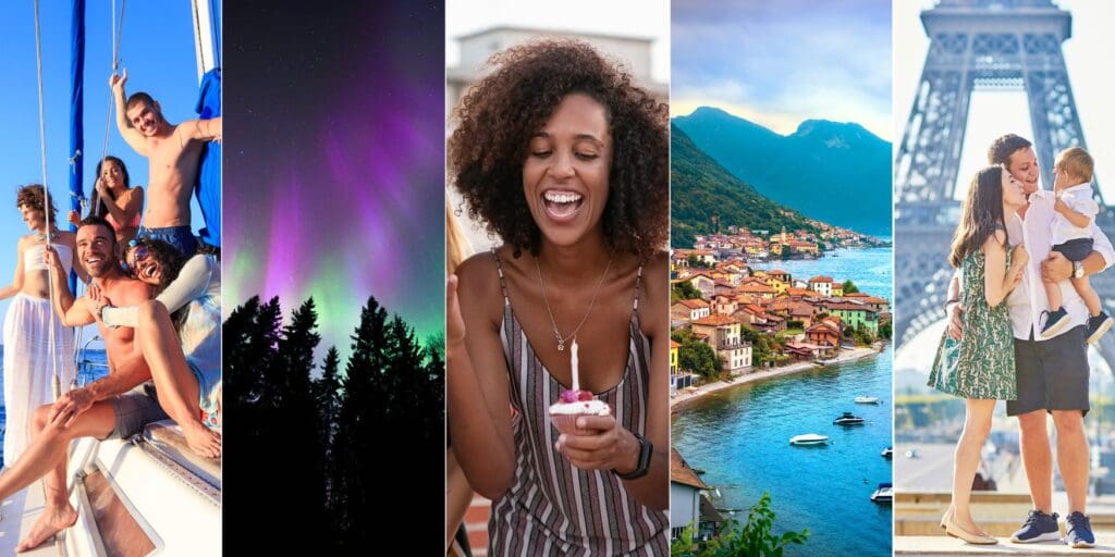 Five vertical images showing travel moments and life experiences, including friends on a sailboat, northern lights over trees, a woman celebrating with a cupcake, a lakeside European village, and a family near the Eiffel Tower.