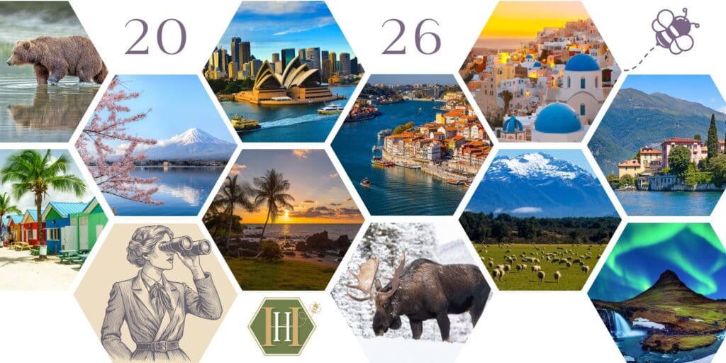 Hexagon-style collage featuring global travel destinations including Sydney Opera House, Santorini, cherry blossoms near Mount Fuji, tropical beaches, European coastal towns, wildlife, and the Northern Lights, representing travel inspiration and planning for 2026.