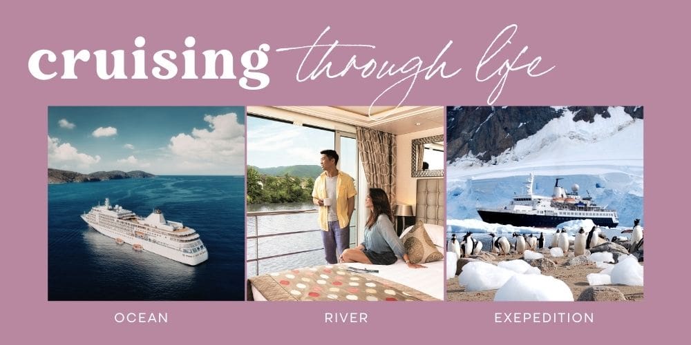 Graphic showing three types of cruising—ocean, river, and expedition—with images of a large ocean cruise ship, a couple in a river cruise stateroom, and an expedition ship in icy waters.