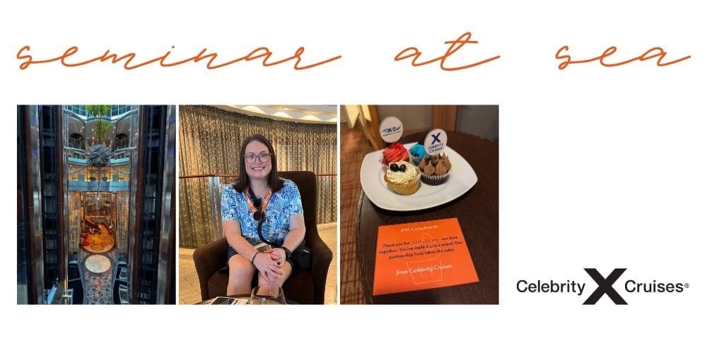 Minimalist collage for a Celebrity Cruises Seminar at Sea blog featuring the Celebrity Reflection atrium, Darcy onboard, welcome gifts, and Celebrity Cruises branding.