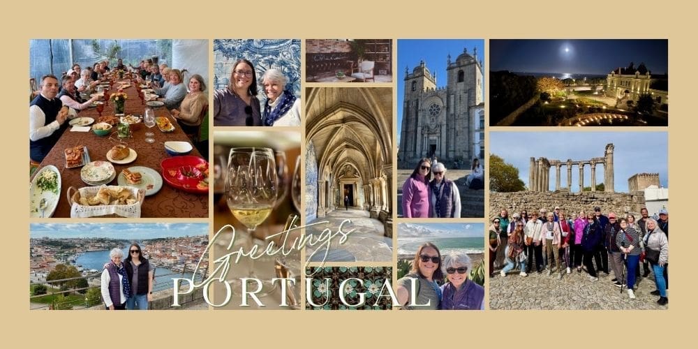 Warm-toned collage for a Portugal mother-daughter travel blog featuring Darcy and her mother exploring Porto, cathedrals, vineyards, group dining, and historic Portuguese landmarks.