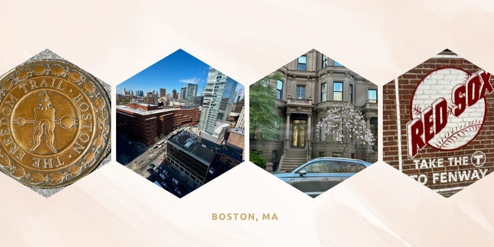 Boston highlights featuring a Freedom Trail marker, downtown skyline views, historic Beacon Hill brownstones, and a Red Sox mural celebrating the city's baseball culture.