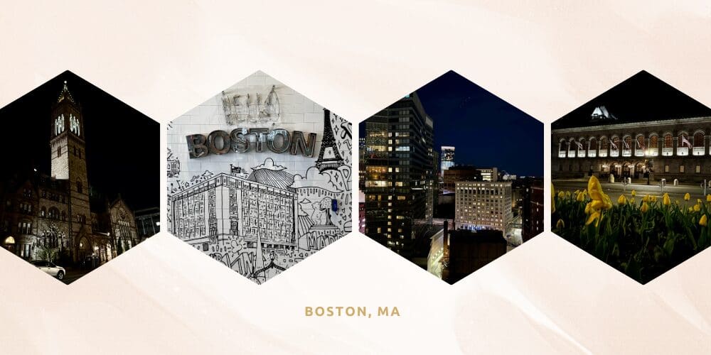 Evening scenes around Boston including the Old South Church, a colorful Boston-themed mural, downtown skyline at night, and the Boston Public Library illuminated after dark.