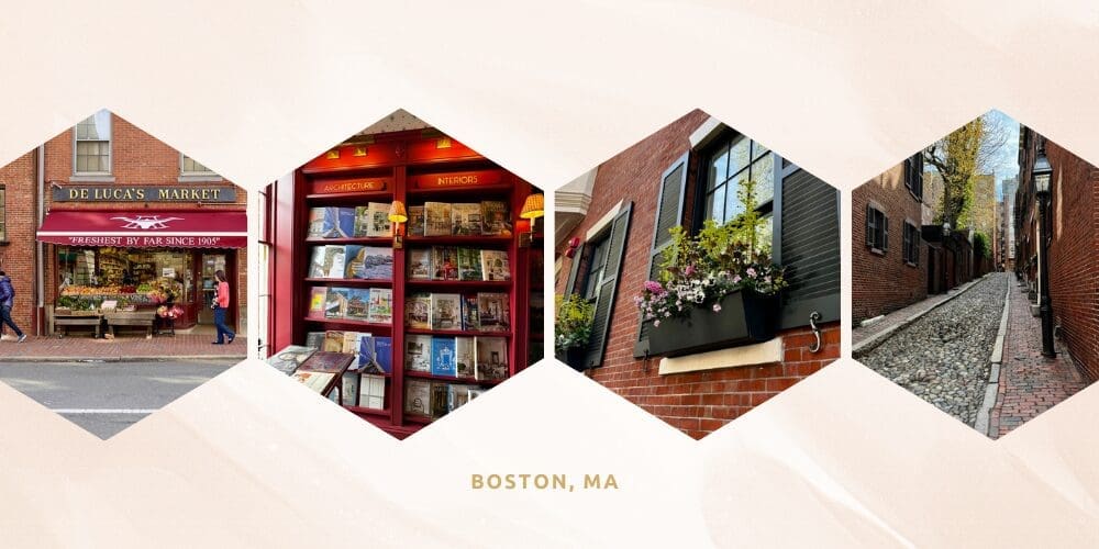 Charming Boston neighborhood scenes featuring DeLuca's Market, Beacon Hill Books & Cafe, flower-filled window boxes on historic brick buildings, and Acorn Street's iconic cobblestone roadway.