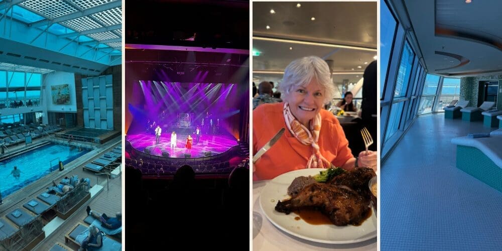 Celebrity cruise highlights including the adults-only Solarium pool, an evening theater performance, a specialty dining experience, and the peaceful indoor spa relaxation area aboard the ship.
