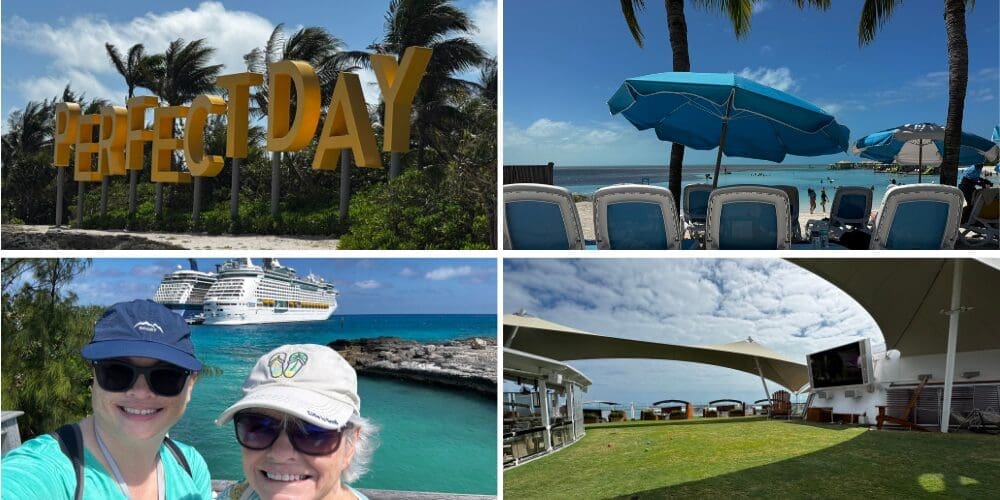 Scenes from Royal Caribbean's Perfect Day at CocoCay featuring the iconic entrance sign, relaxing beach chairs with turquoise umbrellas, two travelers posing with cruise ships in the background, and the ship's outdoor Lawn Club overlooking the ocean.