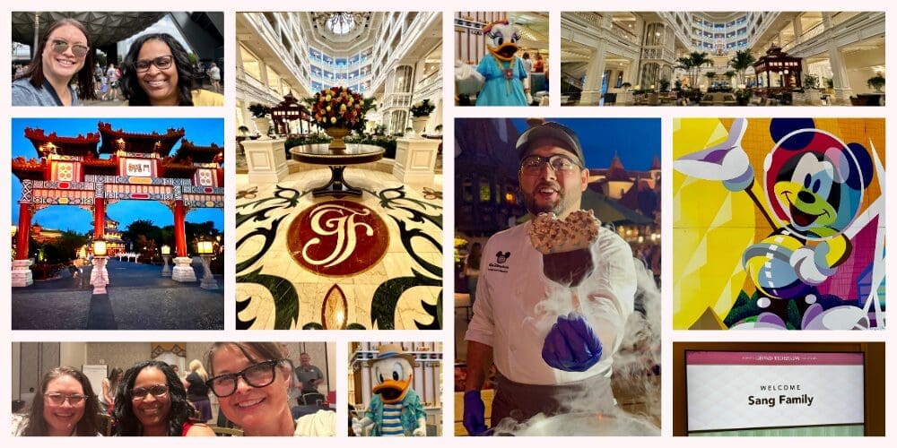 Collage from a Disney Education Event at Walt Disney World Resort featuring EPCOT, Disney's Grand Floridian Resort & Spa, fellow travel advisors, character meet-and-greets, dining experiences, and Disney hospitality.