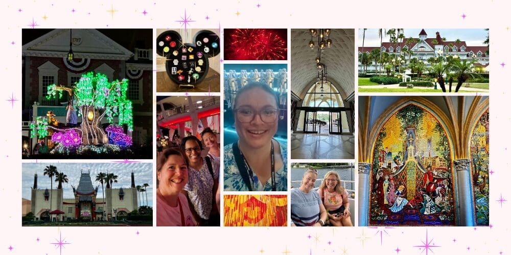 Disney Education Event highlights featuring training sessions, EPCOT fireworks, Spaceship Earth, colorful Disney artwork, and memorable moments shared with fellow travel advisors.