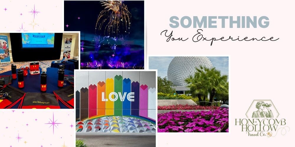 Collage of memorable moments from a Disney Education Event, including Disney's Animal Kingdom Theme Park wildlife, Magic Kingdom Park, Disney's Hollywood Studios, EPCOT, Disney characters, and fellow travel advisors.